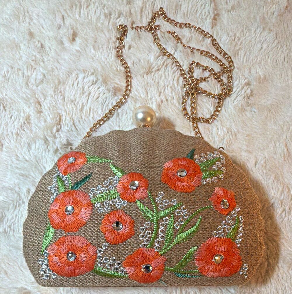 Haute Hippie Floral Embroidered Beaded Clutch Crossbody Chain Bag Pearl Clasp